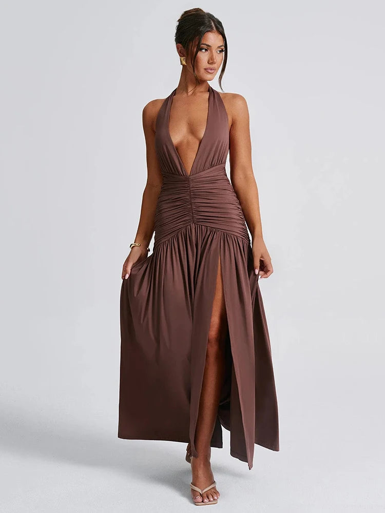 Halter Deep V Neck Backless Dress