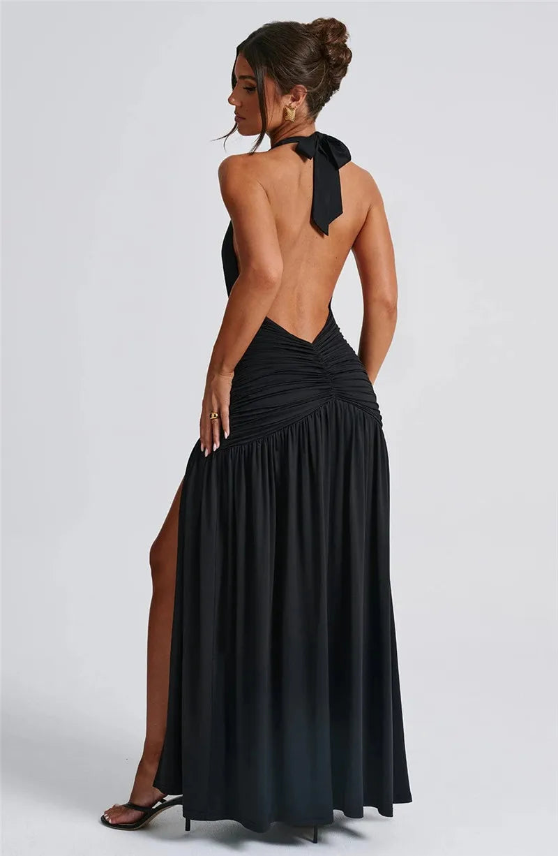 Halter Deep V Neck Backless Dress